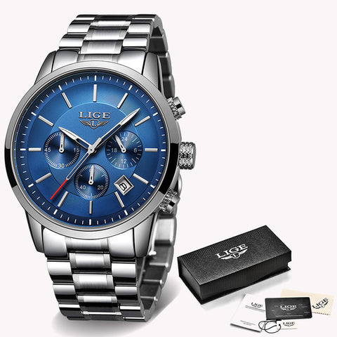 2019 New LIGE Mens Watches Top Brand Luxury Men's Fashion All Steel  Waterproof Analog Quartz Watch Men Silver Blue Sprot Clock