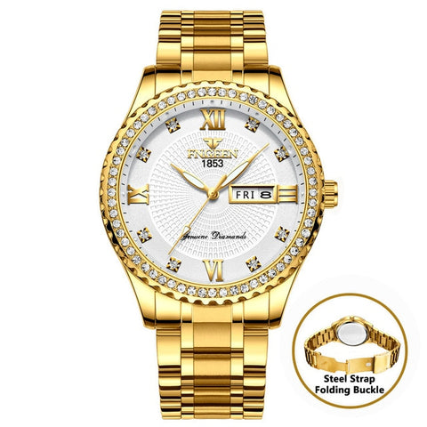 Men High Quality Mens Watches Top Brand Luxury Quartz Watch Full Steel Diamond Male Clock Date Week Waterproof Gold Wristwatch