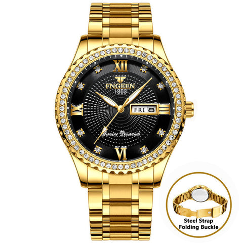 Men High Quality Mens Watches Top Brand Luxury Quartz Watch Full Steel Diamond Male Clock Date Week Waterproof Gold Wristwatch