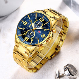 MINI FOCUS Golden Mens Watches Top Brand Luxury Quartz Clock Calendar Chronograph Multifunction Fashion Wristwatch Waterproof