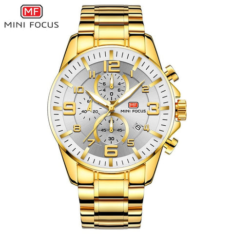 MINI FOCUS Golden Mens Watches Top Brand Luxury Quartz Clock Calendar Chronograph Multifunction Fashion Wristwatch Waterproof