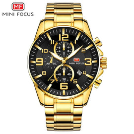 MINI FOCUS Golden Mens Watches Top Brand Luxury Quartz Clock Calendar Chronograph Multifunction Fashion Wristwatch Waterproof