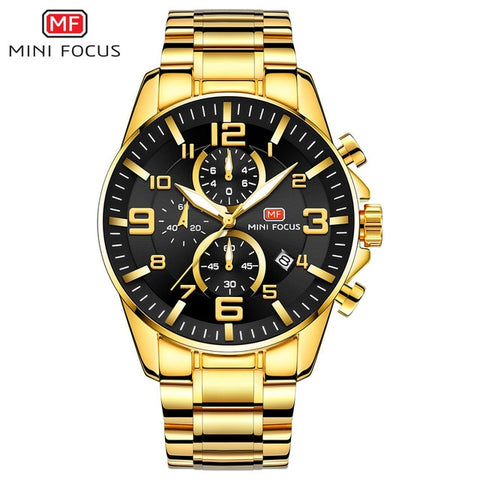 MINI FOCUS Golden Mens Watches Top Brand Luxury Quartz Clock Calendar Chronograph Multifunction Fashion Wristwatch Waterproof