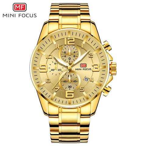 MINI FOCUS Golden Mens Watches Top Brand Luxury Quartz Clock Calendar Chronograph Multifunction Fashion Wristwatch Waterproof