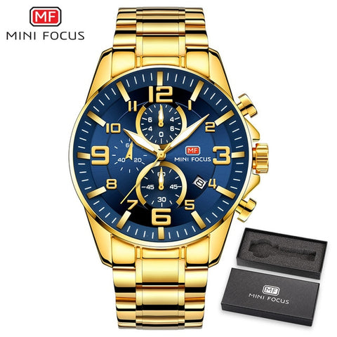 MINI FOCUS Golden Mens Watches Top Brand Luxury Quartz Clock Calendar Chronograph Multifunction Fashion Wristwatch Waterproof