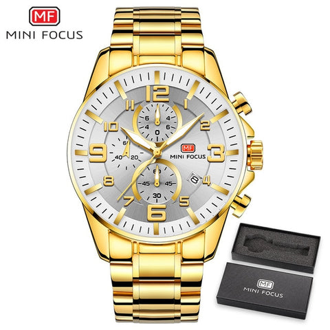 MINI FOCUS Golden Mens Watches Top Brand Luxury Quartz Clock Calendar Chronograph Multifunction Fashion Wristwatch Waterproof