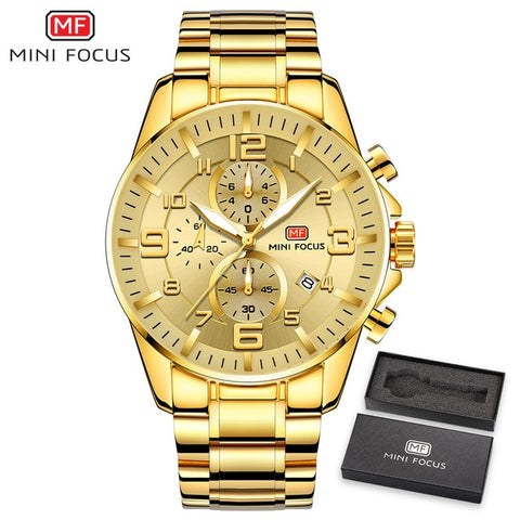 MINI FOCUS Golden Mens Watches Top Brand Luxury Quartz Clock Calendar Chronograph Multifunction Fashion Wristwatch Waterproof