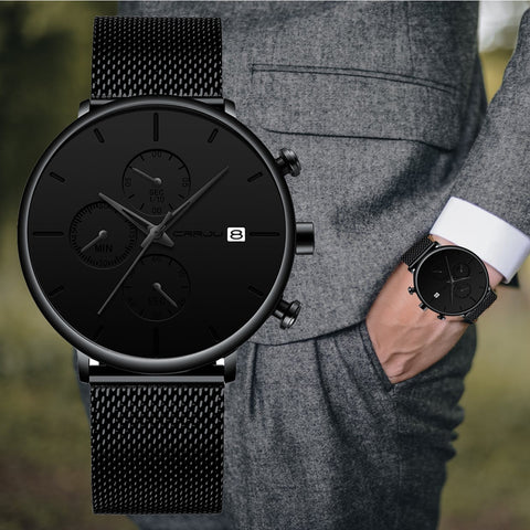 Luxury Brand CRRJU Men Watch 2019 New Minimalist Multi-function Chronograph Waterproof Mesh Wristwatch with Date Display