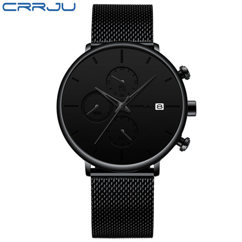 Luxury Brand CRRJU Men Watch 2019 New Minimalist Multi-function Chronograph Waterproof Mesh Wristwatch with Date Display