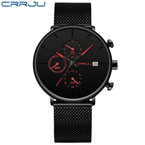 Luxury Brand CRRJU Men Watch 2019 New Minimalist Multi-function Chronograph Waterproof Mesh Wristwatch with Date Display