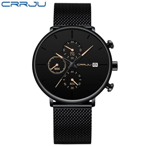 Luxury Brand CRRJU Men Watch 2019 New Minimalist Multi-function Chronograph Waterproof Mesh Wristwatch with Date Display